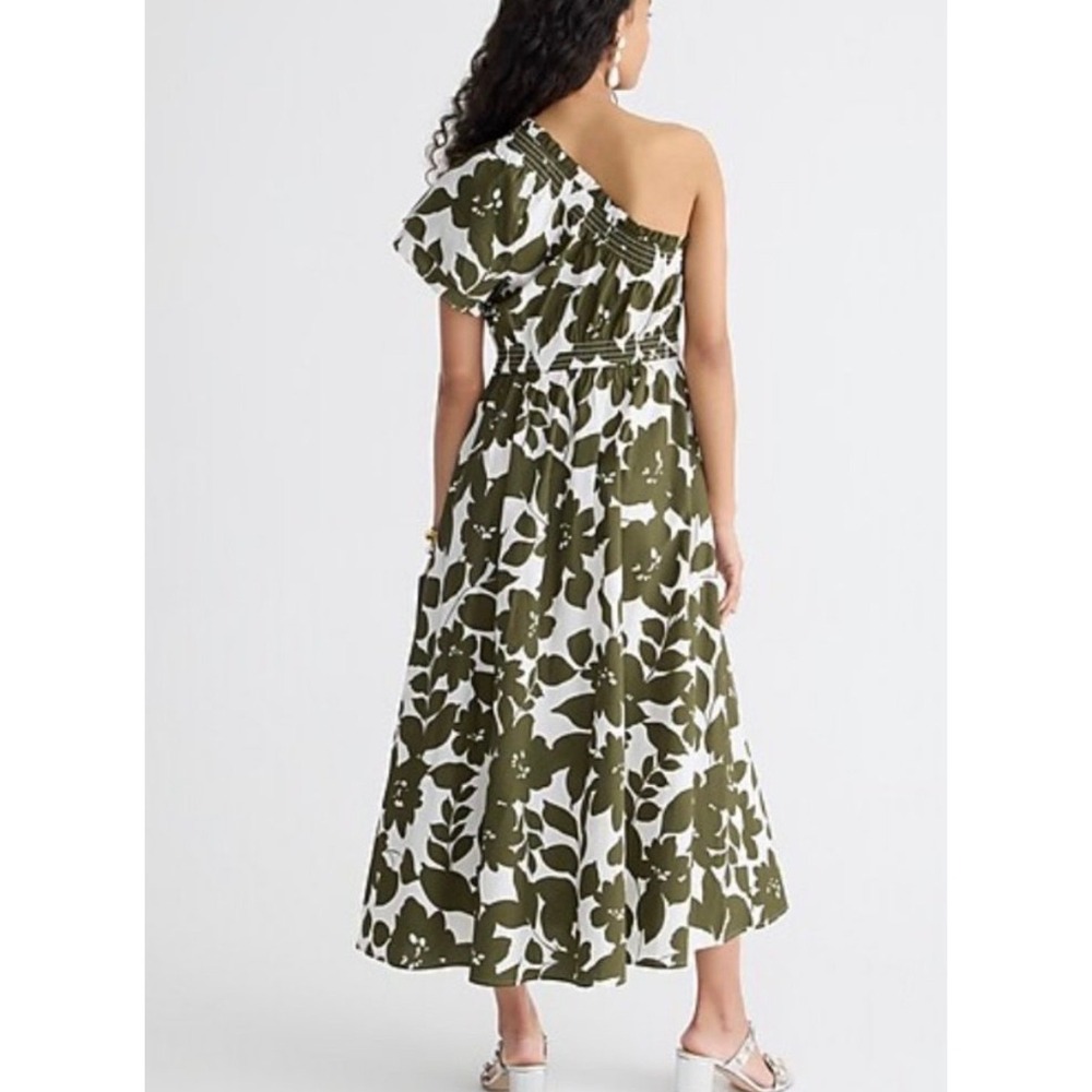J. Crew Smocked Cotton Poplin One Shoulder Dress XL Leafy Floral Olive NEW! - Picture 2 of 10